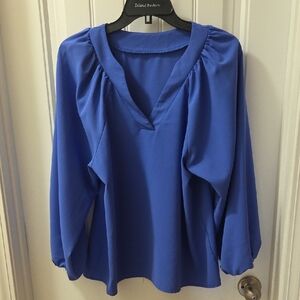 Blue Women's V-Neck Long Sleeve Blouse